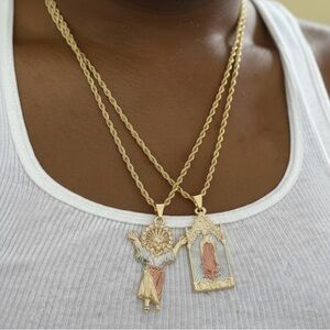 Double Rope Chain Two Tone Layered Necklace & Pendant Set with Jesus, St. Mary